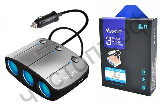 Разветвитель прикуривателя VEECLE KY-548 (3 выхода +2*USB) провод
