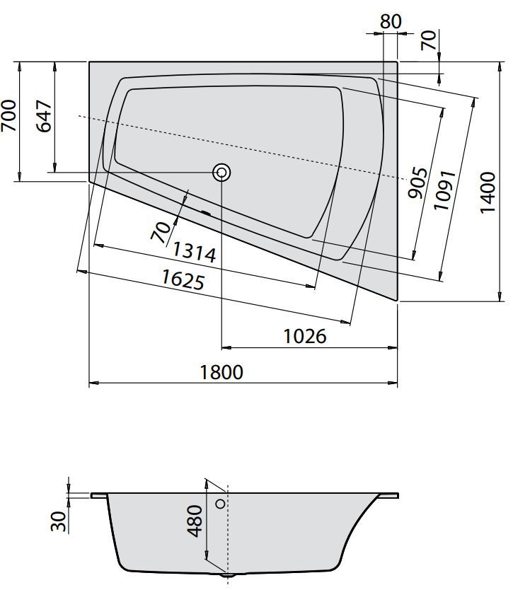 Ванна Hoesch LARGO 180x140 3706 Правостороннее исполнение схема 2