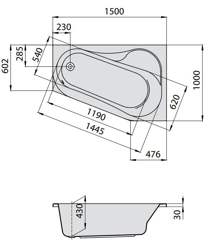 Ванна Hoesch PARANA 150x100 5566 / 5567 Правостороннее исполнение схема 1