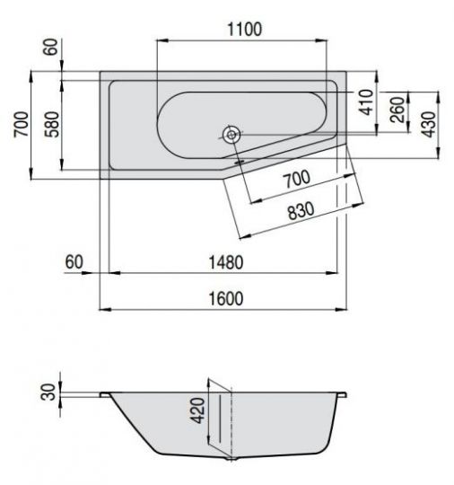 Ванна Hoesch COMBI 160x70 5590 Левостороннее исполнение схема 2