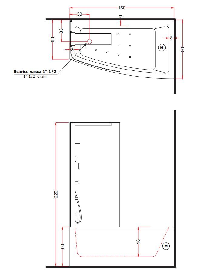 Стеклянная ванна с душевой колонной Gruppo Treesse Asyx Box Top V8261 + V826F 160x90 схема 1