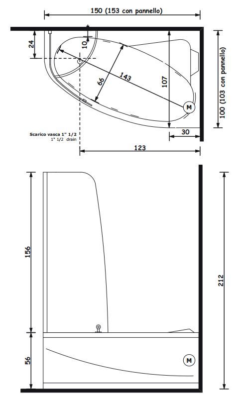 Стеклянная ванна Gruppo Treesse Syria Box Easy 153x103 V655 + B6552 схема 1