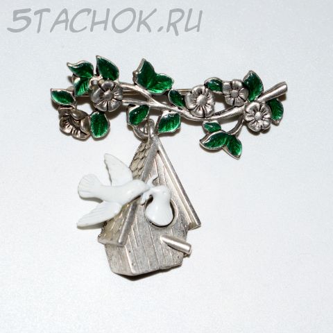 Брошь "Голубки у скворечника" цвет олова (Danecraft США)