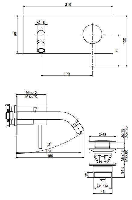 Fima carlo frattini Spillo up смеситель для раковины F3051X5 схема 1