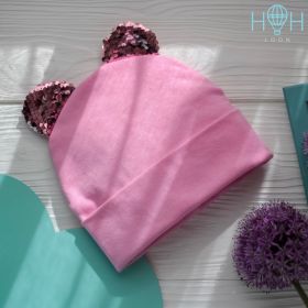 HOH ШВ19-04313590 Шапка двухслойная с подворотом с ушками медведя из пайеток, розовый