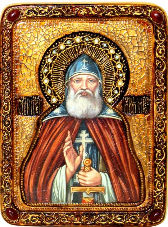 Инкрустированная живописная икона Преподобный Илия Муромец, Печерский (21*29 см, Россия) на натуральном кипарисе в подарочной коробке