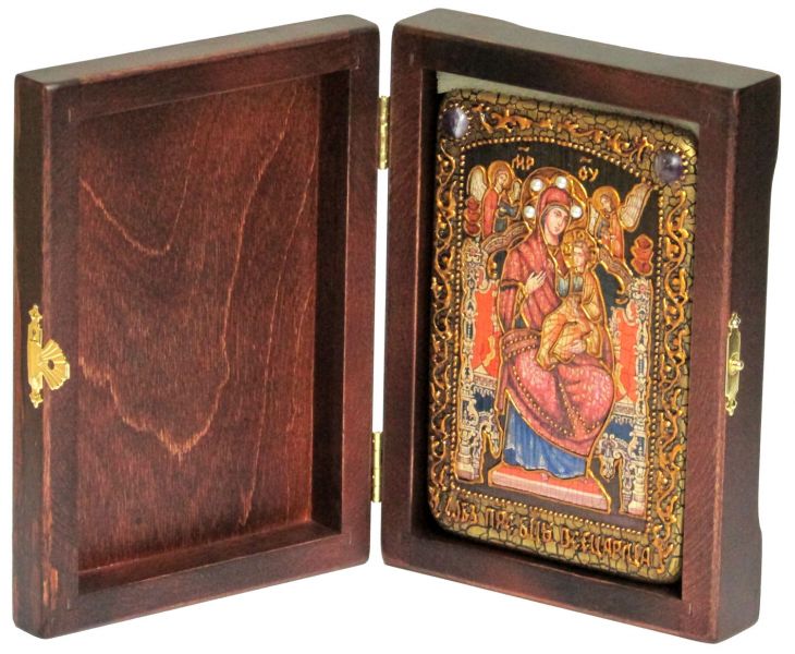 Настольная икона Божией Матери «Всецарица (Пантанасса)» (10*15 см, Россия) на натуральном мореном дубе, в подарочной коробке