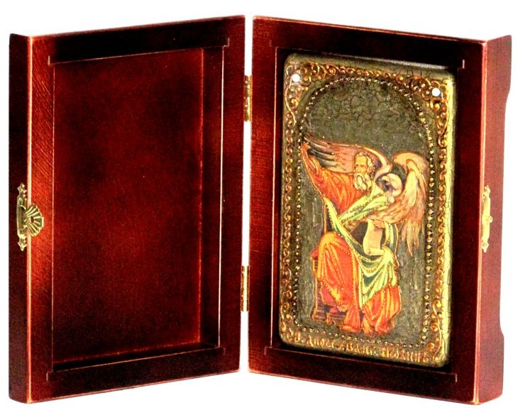 Инкрустированная настольная икона Святой апостол и евангелист Иоанн Богослов (10*15 см, Россия) на натуральном мореном дубе, в подарочной коробке