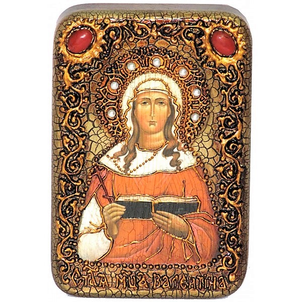 Инкрустированная настольная икона Святая мученица Валентина Кесарийская (10*15 см, Россия) на натуральном мореном дубе, в подарочной коробке