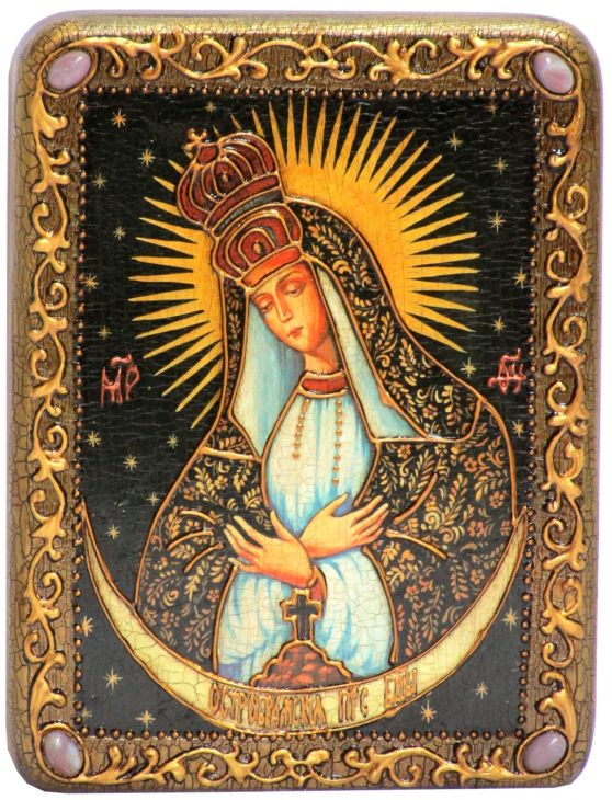 Подарочная икона "Образ Пресвятой Богородицы «Остробрамская (Виленская)»" на мореном дубе (15*20 см, Россия)