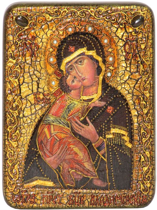 Инкрустированная подарочная икона Образ Владимирской Божьей Матери на мореном дубе (15*20 см, Россия)
