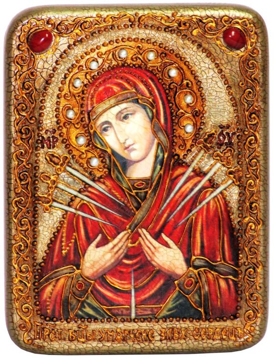 Инкрустированная подарочная икона Божией Матери Семистрельная (15*20 см, Россия) на натуральном мореном дубе в подарочной коробке