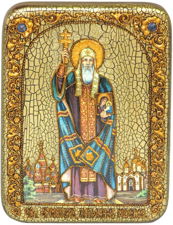 Инкрустированная икона Святитель и чудотворец Ермоген, патриарх Московский (15*20 см, Россия) на мореном дубе, в подарочной коробке