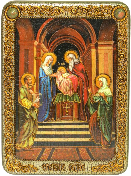 Подарочная икона "Сретение Господа нашего Иисуса Христа" на мореном дубе