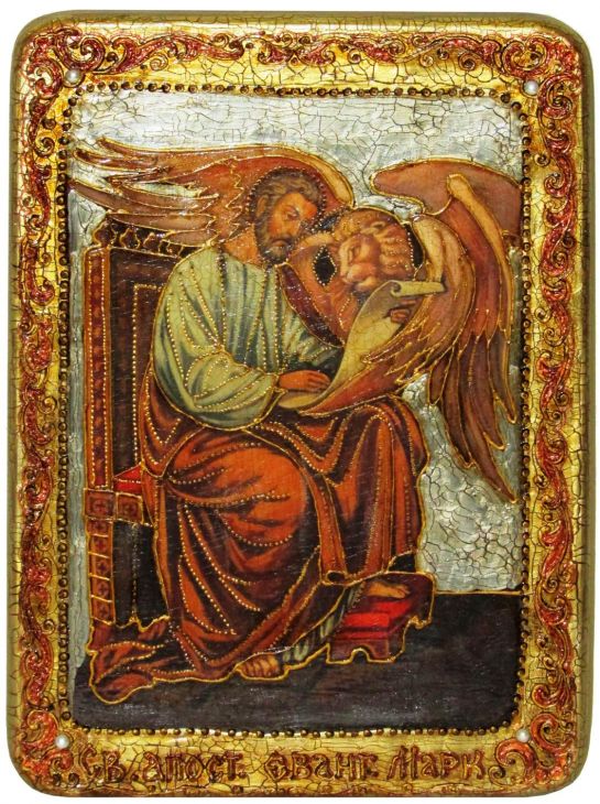 Инкрустированная аналойная икона Святой апостол и евангелист Марк (21*29 см, Россия) на натуральном мореном дубе в подарочной коробке