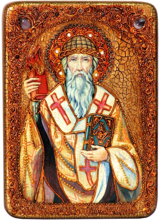 Инкрустированная аналойная икона Святитель Спиридон Тримифунтский (21*29 см, Россия) на натуральном мореном дубе в подарочной коробке