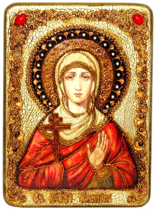 Инкрустированная аналойная икона Святая мученица Галина Коринфская (21*29 см, Россия) на натуральном мореном дубе в подарочной коробке