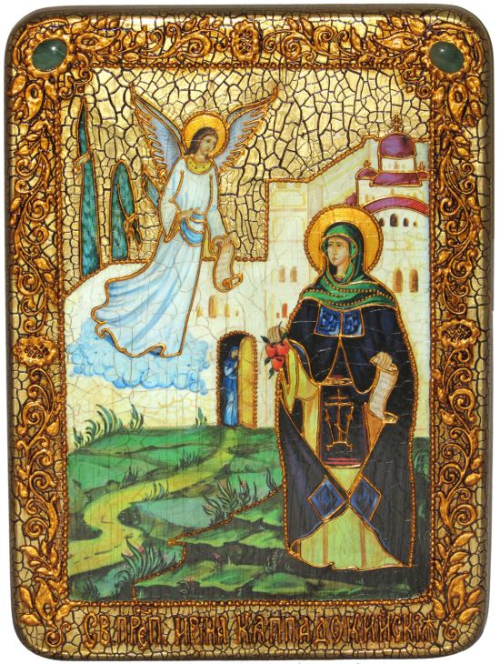 Инкрустированная икона Святая преподобная Ирина Каппадокийская (Хрисоволанта) (21*29 см, Россия) на натуральном мореном дубе в подарочной коробке