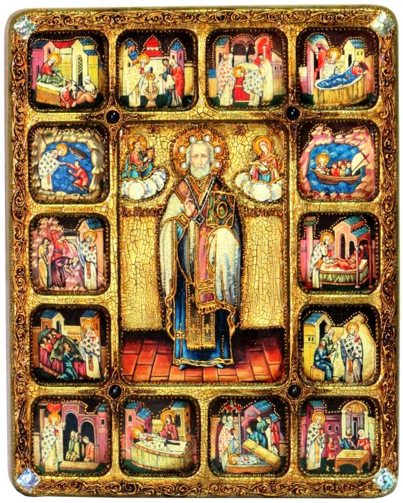 Инкрустированная большая икона Святитель Николай, архиепископ Мир Ликийский (Мирликийский), чудотворец с житийными сценами (30*37 см, Россия) на мореном дубе в подарочной коробке