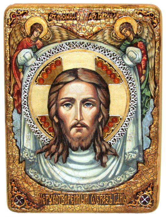 Инкрустированная Живописная икона Спас Нерукотворный (21*29 см, Россия) на натуральном кипарисе в подарочной коробке