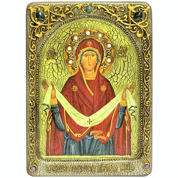 Инкрустированная Живописная икона Образ Божией Матери «Покров» (21*29 см, Россия) на натуральном мореном дубе, в подарочной коробке