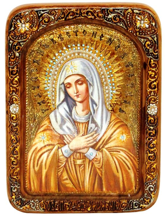 Инкрустированная Живописная икона Образ Божией Матери Умиление Серафимо-Дивеевская (21*29 см, Россия) на натуральном кипарисе в подарочной коробке
