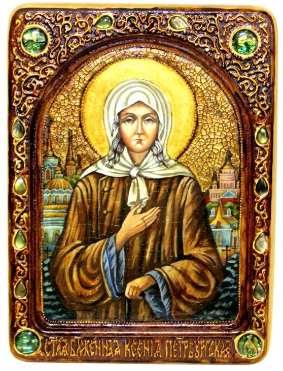 Инкрустированная Живописная икона Святая Блаженная Ксения Петербургская (21*29 см, Россия) на натуральном кипарисе в подарочной коробке