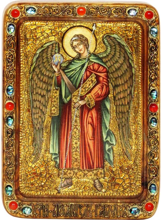 Инкрустированная Живописная икона Архангел Гавриил (21*29 см, Россия) на натуральном кипарисе в подарочной коробке
