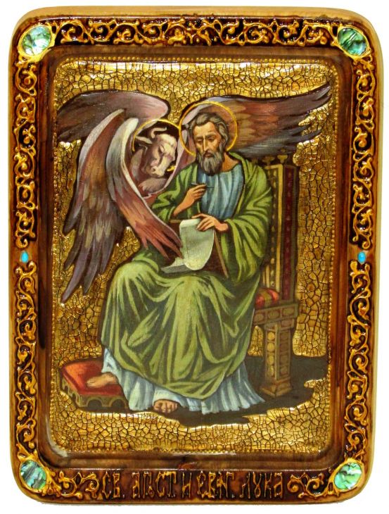 Инкрустированная Живописная икона Святой апостол и евангелист Лука (21*29 см, Россия) на натуральном мореном дубе в подарочной коробке