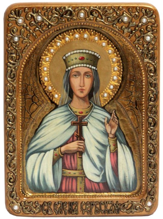 Живописная инкрустированная икона Святая благоверная княгиня Елена Сербская (21*29 см, Россия) на натуральном  кипарисе