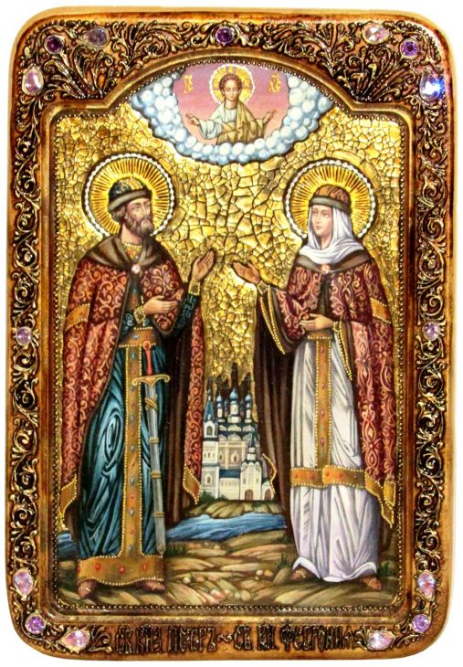 Инкрустированная Живописная икона Петр и Февронья (29*42 см, Россия) на натуральном кипарисе в подарочной коробке