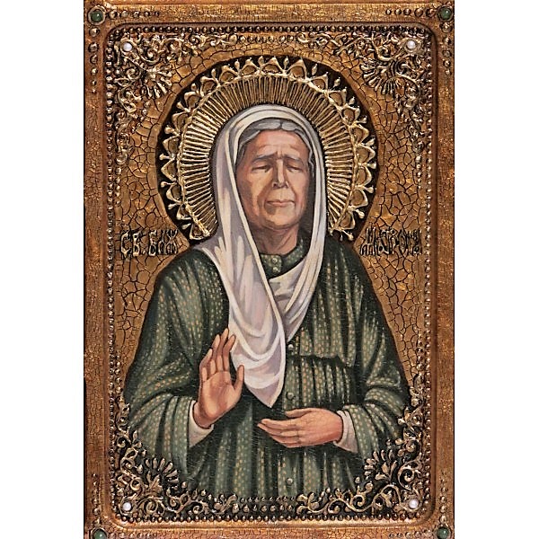 Инкрустированная Живописная икона Блаженная старица Матрона Московская с житийными сценами (54*44 см, Россия) на сакральном кипарисе в подарочной коробке