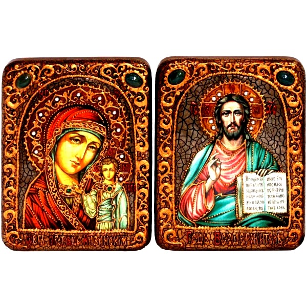 Венчальная пара инкрустированных подарочных икон «Казанская икона Божией Матери» и «Господь Вседержитель» на мореном дубе (15*20 см, Россия) в подарочной коробке