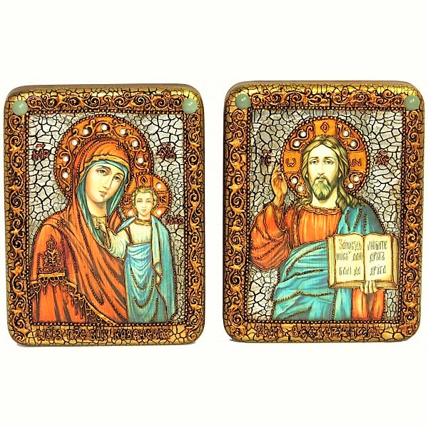 Инкрустированная пара икон на венчание «Казанская Богоматерь» и «Спаситель Господь Вседержитель» на мореном дубе (15*20 см, Россия) в подарочной коробке