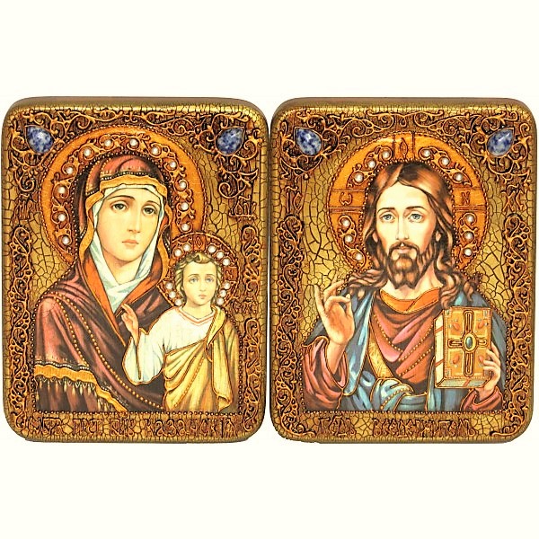 Инкрустированная пара икон на свадьбу «Казанская Богоматерь» и «Спаситель Господь Вседержитель» на мореном дубе (15*20 см, Россия) в подарочной коробке