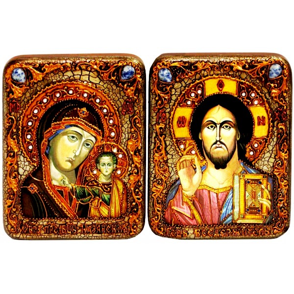 Венчальная пара инкрустированных подарочных икон «Казанская икона Божией Матери» и «Господь Вседержитель» на мореном дубе (15*20 см, Россия) в подарочной коробке