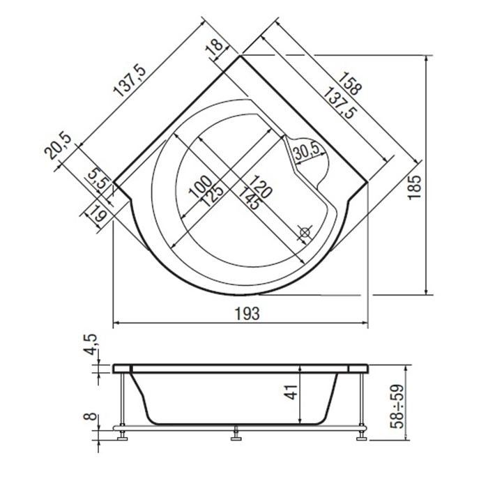 Ванна акриловая Hafro IGLOO 2IGA1N 160х160 схема 1