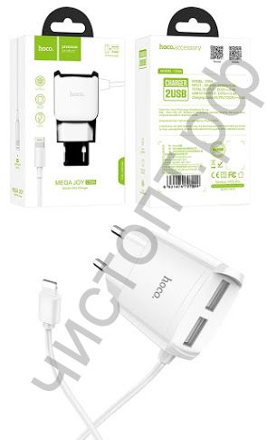 СЗУ HOCO C59A Mega joy, 2 USB 2100mAh, Apple 8 pin, пластик, цвет: белый