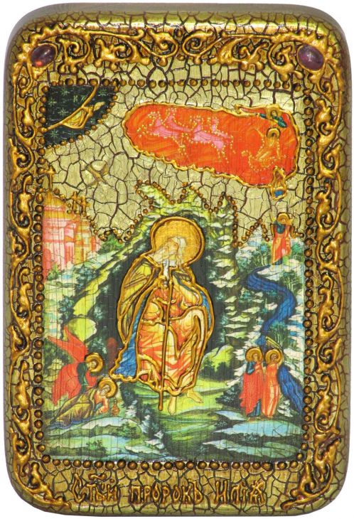 Инкрустированная настольная икона Пророк Илия Фесфитянин (10*15 см, Россия) на натуральном мореном дубе, в подарочной коробке