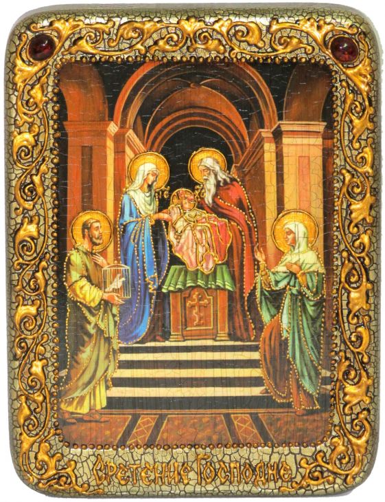 Инкрустированная настольная икона Сретение Господа нашего Иисуса Христа (15*20 см, Россия) на мореном дубе, в подарочной коробке Инкрустированная настольная икона Сретение Господа нашего Иисуса Христа (15*20 см, Россия) на мореном дубе, в подарочной коробке