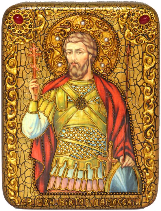 Инкрустированная настольная икона Святой мученик Виктор Дамасский (15*20 см, Россия) на мореном дубе, в подарочной коробке