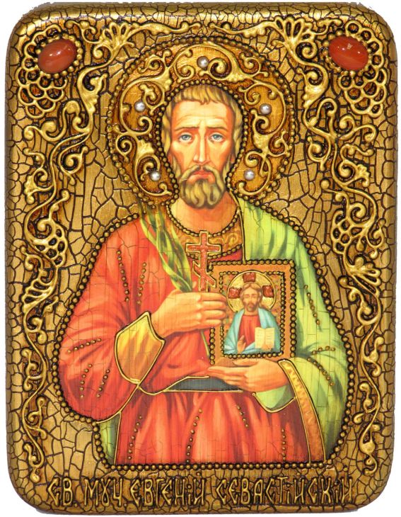 Инкрустированная настольная икона Святой мученик Евгений Севастийский (15*20 см, Россия) на мореном дубе, в подарочной коробке