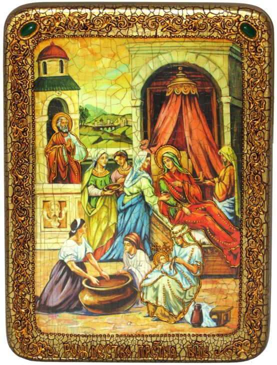 Инкрустированная подарочная икона Рождество Пресвятой Богородицы (21*29 см, Россия) на натуральном мореном дубе в подарочной коробке