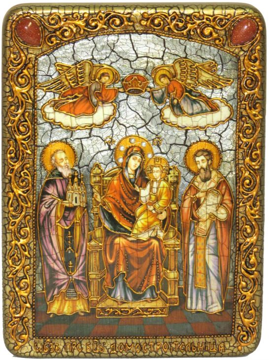 Инкрустированная подарочная икона Образ Божией Матери «Пресвятой Богородицы «Экономисса (Домостроительница)» (21*29 см, Россия) на натуральном мореном дубе в подарочной коробке