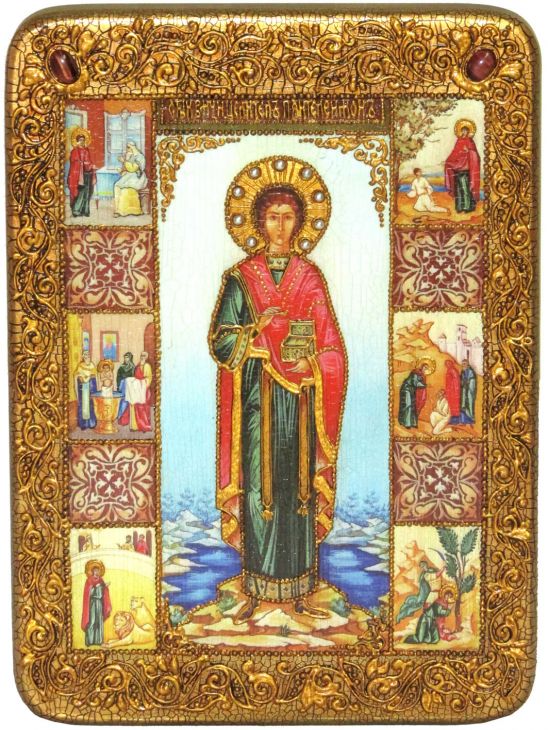 Инкрустированная подарочная икона Святой Великомученик и Целитель Пантелеймон (21*29 см, Россия) на натуральном мореном дубе в подарочной коробке