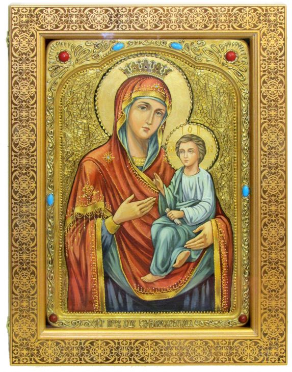 Инкрустированная живописная икона Образ Божией матери "Скоропослушница" (29*42 см, Россия) на натуральном кипарисе в подарочной коробке