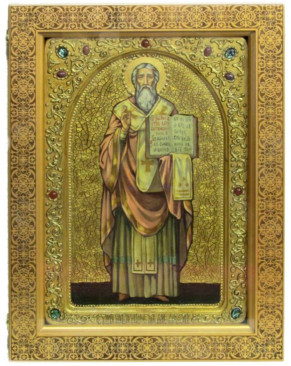 Инкрустированная живописная икона Святой равноапостольный Мефодий Моравский (29*42 см, Россия) на натуральном кипарисе в подарочной коробке