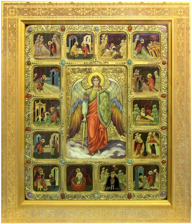Инкрустированная большая икона Архангел Михаил с житийными клеймами (44*54 см, Россия) на кипарисовой доске в подарочной коробке