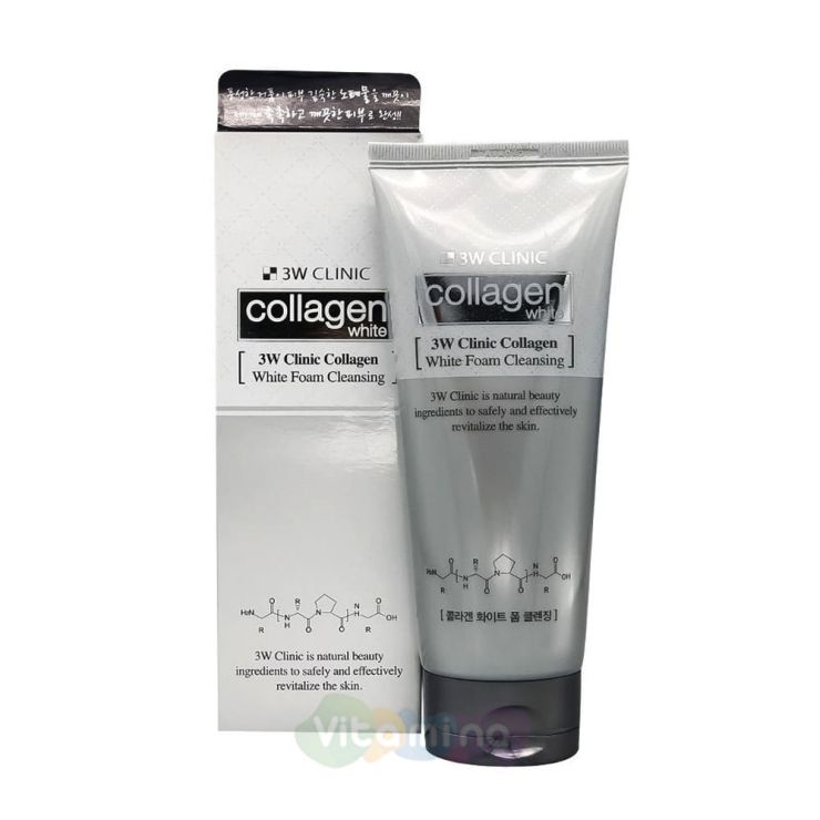 3W CLINIC Осветляющая пенка с коллагеном и ниацинамидом Collagen Whitening Foam Cleansing, 180 мл