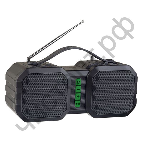 Колонка универс.с радио Perfeo "STAND" FM, MP3 microSD, USB, AUX, мощность 10Вт, 2400mAh, черная/зеленая PF_A4330